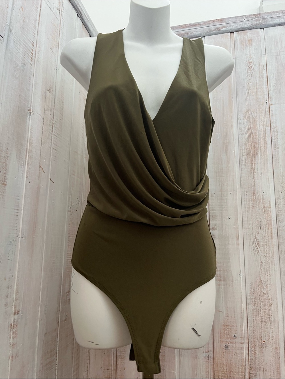 Fashion Nova Olive Green Draped Surplice One-Piece